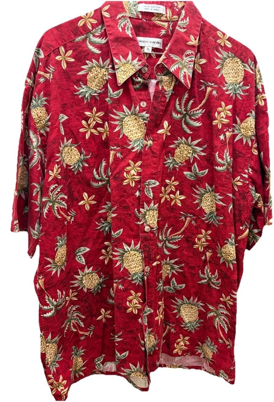 Vintage Pierre Cardin Men's 100% Cotton Floral Pineapple Hawaiian Shirt XL Red